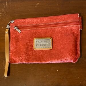Prune Coral Pebbled Leather Bag with Silver Accent & Tan Wrist Strap